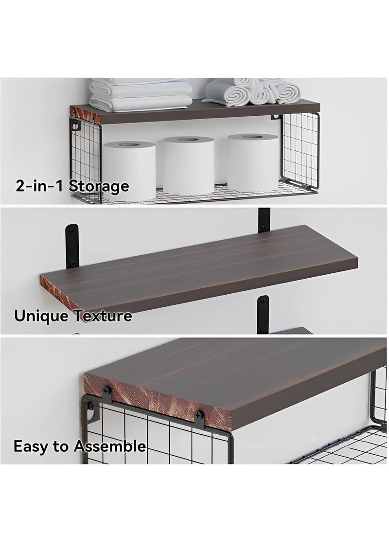 3-Tier Bathroom Organizer Floating Shelves with Storage Basket Over Toilet Paper Holder Shelf Rack Wall Mounted Rustic Wooden Decor Shelf for Living Bedroom Kitchen Office Classroom