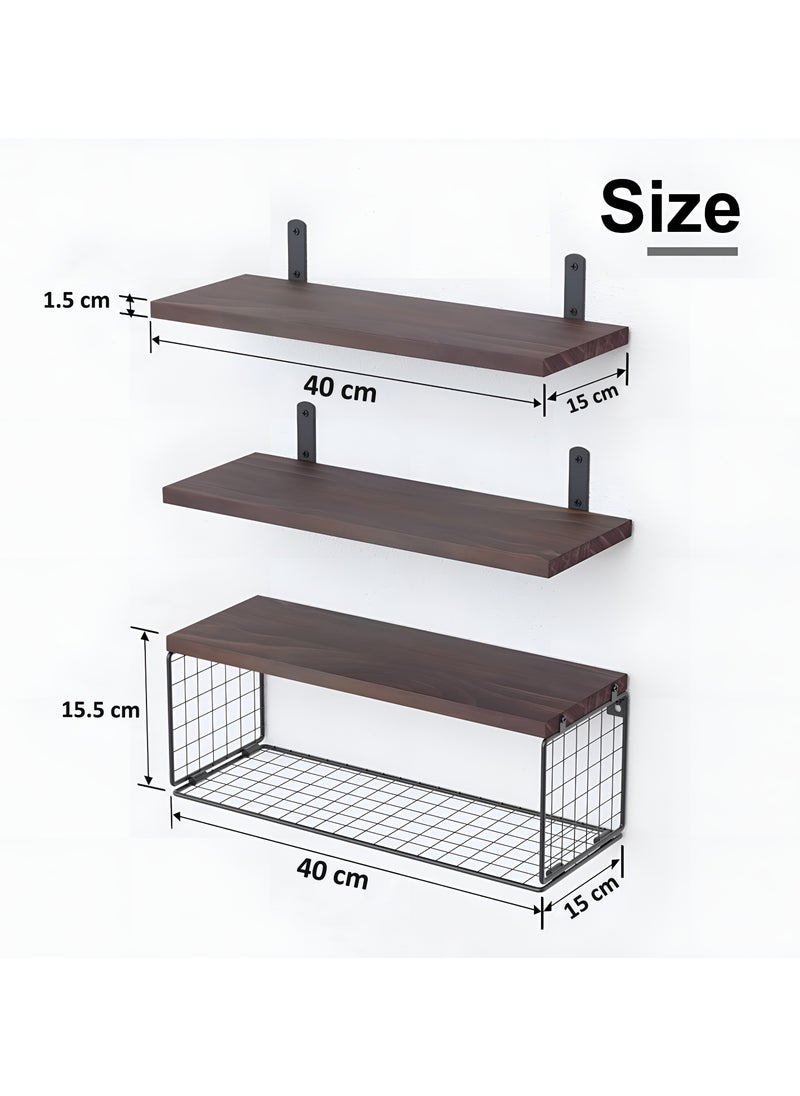 3-Tier Bathroom Organizer Floating Shelves with Storage Basket Over Toilet Paper Holder Shelf Rack Wall Mounted Rustic Wooden Decor Shelf for Living Bedroom Kitchen Office Classroom