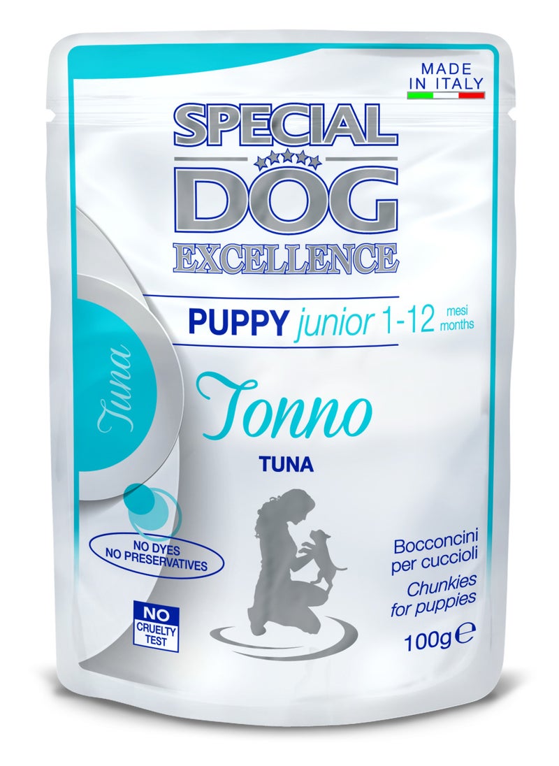 Special Dog Excellence by Monge | Puppy & Junior Dog Wet Food with Tuna | Super Premium Complementary Wet Puppy Food | Chunkies in Pouch - Pack of 24x100g