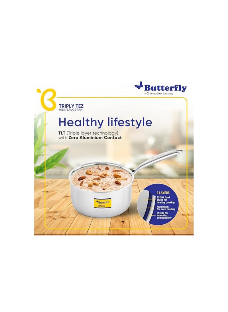 Butterfly Tez Triply Milk/Sauce Pan with SS Lid | 2.1 Litre| 18 CM | Stay Cool Handle | Induction Compatible | for Cooking Curry, Deep Fry, Saute, Rice, Milk Boil | 10 Year Warranty | Silver