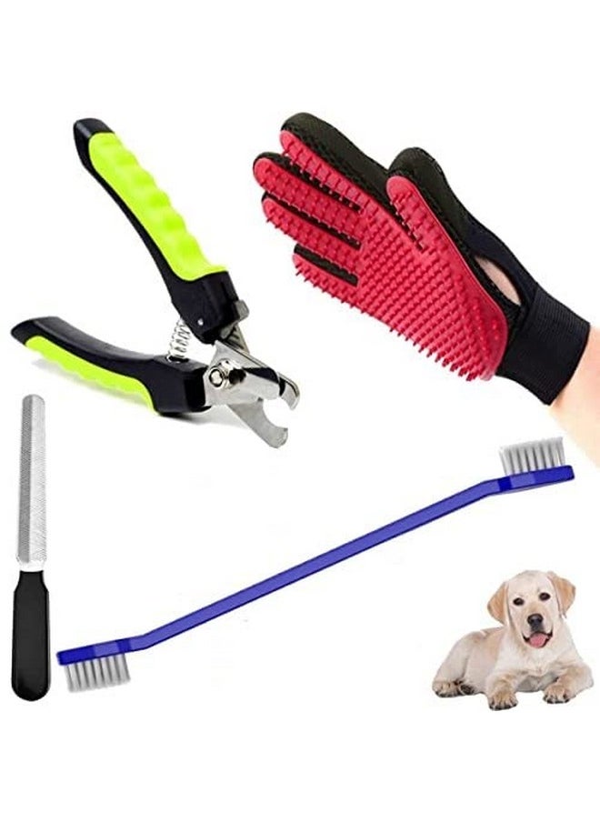 Dog Grooming Kit - Dog Nail Clippers With Filer + Dog Toothbrush Kit + Pet Grooming Glove For Dog, Puppy, Cat And Kitten - 3 In 1 Dog Combo