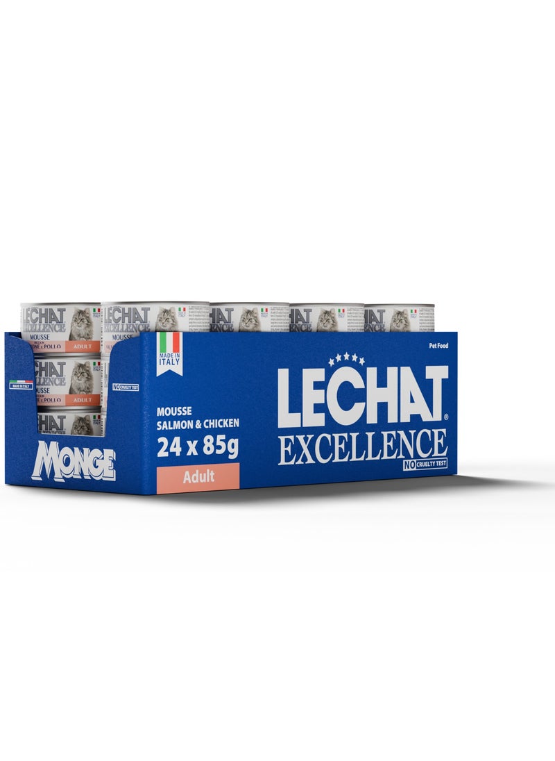 Lechat Excellence by Monge | Cat Wet Food Rich in Salmon and Chicken | Super Premium Complementary Wet Cat Food | Mousse in Can- Pack of 24x85g