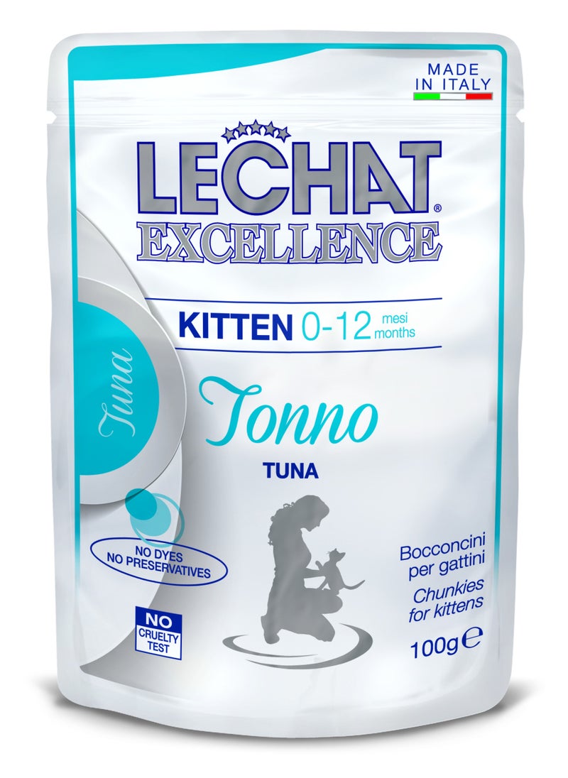 Lechat Excellence by Monge | Kitten Wet Food with Tuna | Super Premium Complementary Wet Kitten Food | Chunkies in Pouch - Pack of 24x100g