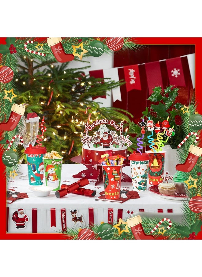 Christmas Party Favors Goodie Cups, 24 Pack 16Oz Reusable Xmas Plastic Party Supplies Hot Decorations Cups With Lids Plugs For Kids For New Year,Holiday,Christmas Party Tableware