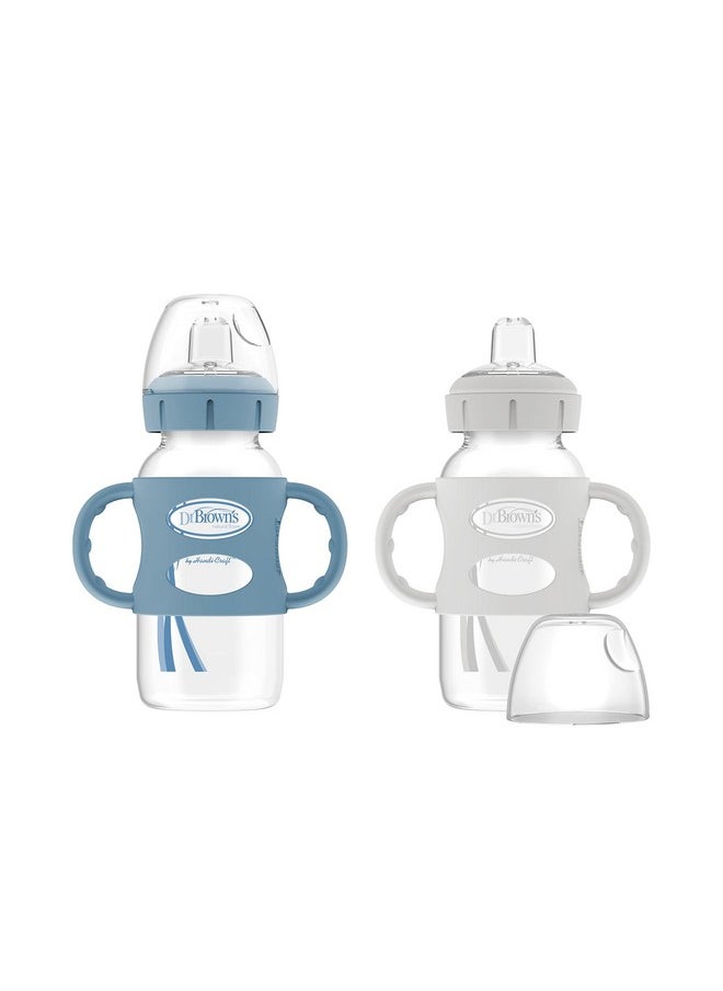 Milestones Wide-Neck Sippy Spout Bottle With 100% Silicone Handles, Easy-Grip Handles With Soft Sippy Spout, 9Oz/270Ml, Light-Blue & Gray, 2-Pack, 6M+