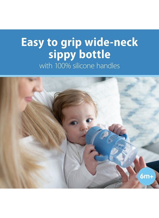 Milestones Wide-Neck Sippy Spout Bottle With 100% Silicone Handles, Easy-Grip Handles With Soft Sippy Spout, 9Oz/270Ml, Light-Blue & Gray, 2-Pack, 6M+