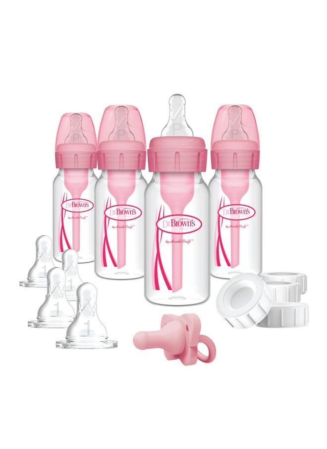 Anti-Colic Baby Feeding Set With Slow Flow Nipples, Travel Caps, Silicone Pacifier - Pink