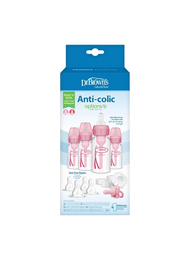 Anti-Colic Baby Feeding Set With Slow Flow Nipples, Travel Caps, Silicone Pacifier - Pink