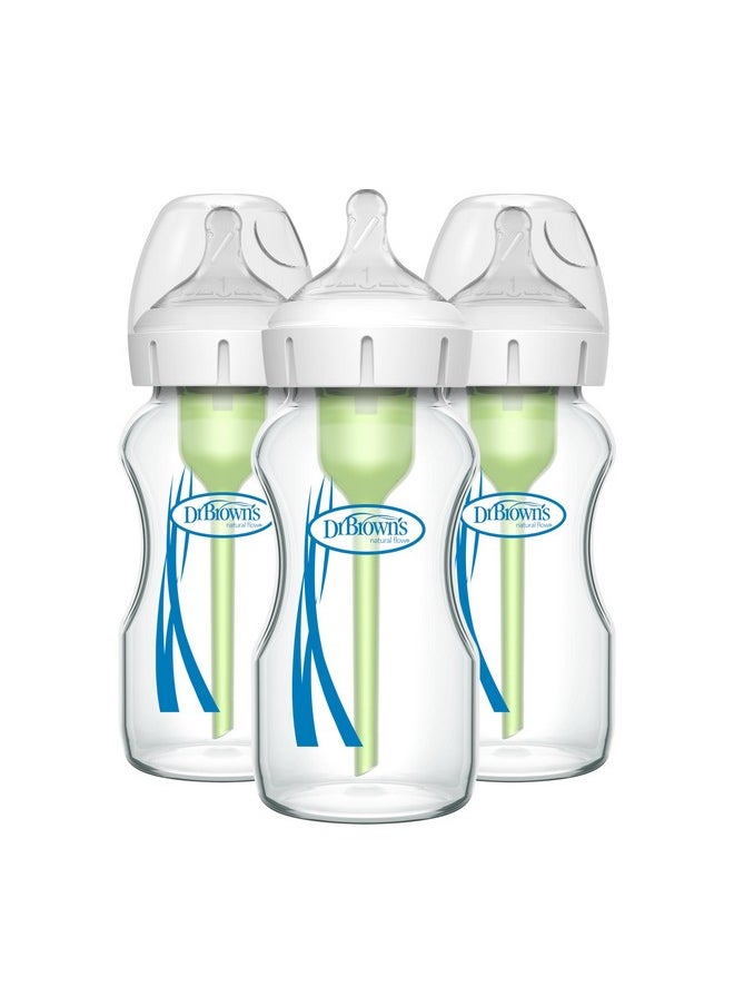 Natural Flow Anti-Colic Options+ Wide-Neck Glass Baby Bottles 9 Oz/270 Ml, With Level 1 Slow Flow Nipple, 3 Pack, 0M+