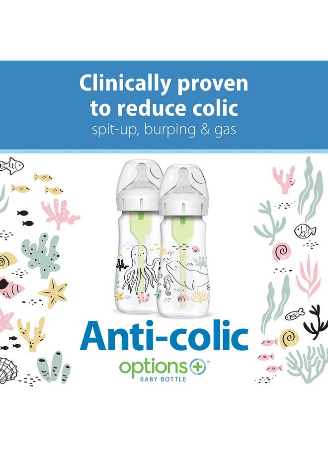 Natural Flow® Anti-Colic Options+™ Wide-Neck Baby Bottle Designer Edition Bottles, Ocean Decos, 9 Oz/270 Ml, Level 1 Nipple, 2-Pack, 0M+