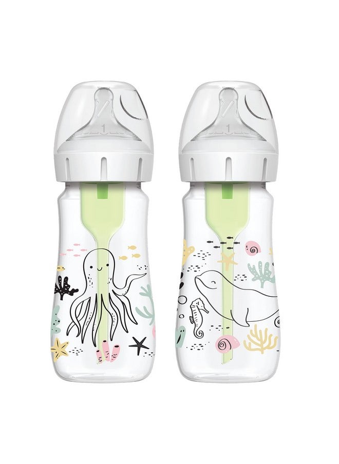 Natural Flow® Anti-Colic Options+™ Wide-Neck Baby Bottle Designer Edition Bottles, Ocean Decos, 9 Oz/270 Ml, Level 1 Nipple, 2-Pack, 0M+