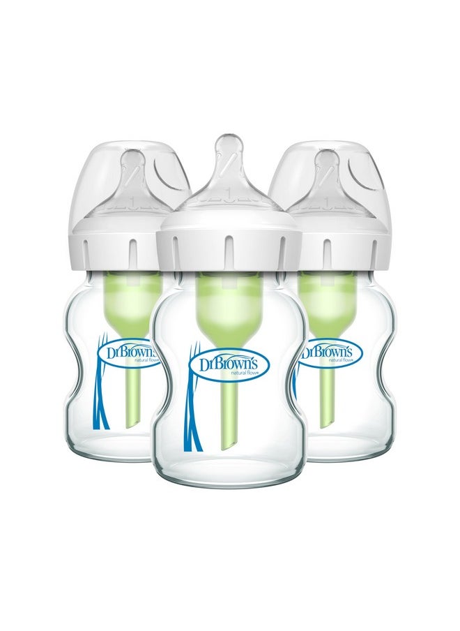 Natural Flow Anti-Colic Options+ Wide-Neck Glass Baby Bottles 5 Oz/150 Ml, With Level 1 Slow Flow Nipple, 3 Pack, 0M+