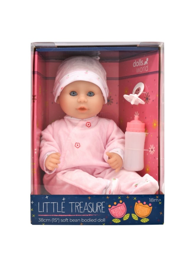 Little Treasure 15 inch Baby Doll With Sleeping Eyes Bottle & Dummy from Peterkin gift for kids of Age above 18 months
