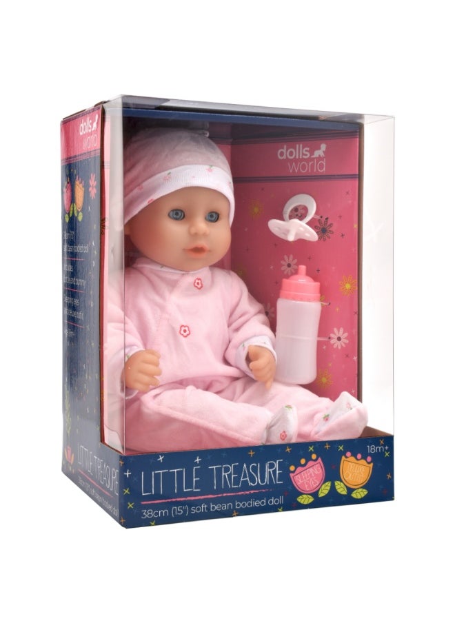 Little Treasure 15 inch Baby Doll With Sleeping Eyes Bottle & Dummy from Peterkin gift for kids of Age above 18 months