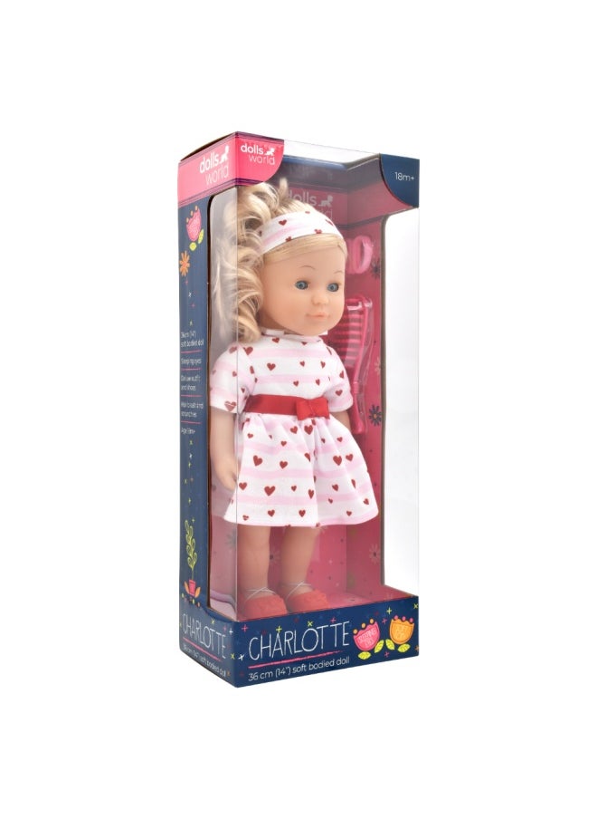 Charlotte 14 inch Soft Doll Sleeping Eyes Outfit and Hair Accessories from Peterkin gift for kids of Age above 18 months