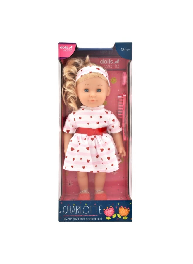 Charlotte 14 inch Soft Doll Sleeping Eyes Outfit and Hair Accessories from Peterkin gift for kids of Age above 18 months