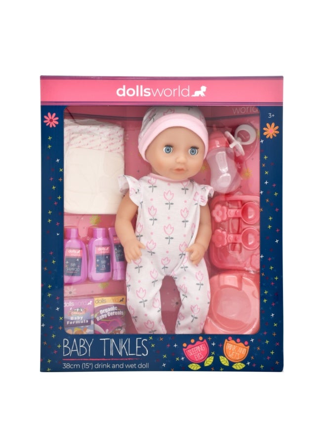 Baby Tinkles 15 inch Drink & With et Doll Sleeping Eyes Deluxe Outfit from Peterkin gift for kids of Age above 18 months