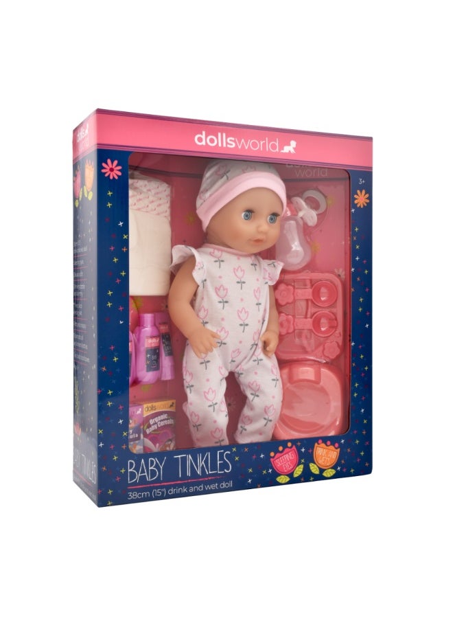 Baby Tinkles 15 inch Drink & With et Doll Sleeping Eyes Deluxe Outfit from Peterkin gift for kids of Age above 18 months