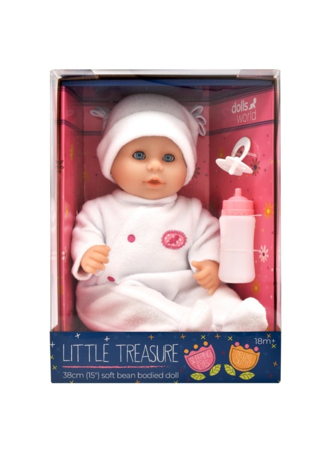 Little Treasure 15 inch Baby Doll With Sleeping Eyes Bottle & Dummy from Peterkin gift for kids of Age above 18 months