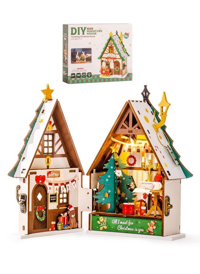 Miniature House Kit, Diy Miniature Wooden Dollhouse Kit For Adults To Build, Collectible 3D Wooden Puzzle Building Home Decor, Christmas Birthday Gift For Kids Teens-Twinkling Christmas House