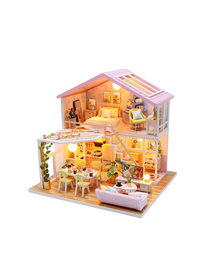 Dollhouse Miniature DIY Wooden Dollhouse Kit with Furniture with LED Light Music Sweet Time