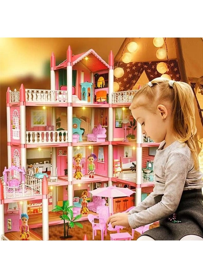 4 Floors Huge Dollhouse Play Set with 14 Rooms 2 doll 2 Color Light Strips with Lights to Assemble Kitchen, Bedroom, Furniture, Garden,Pets DIY Pretend Play Doll House for Girls.