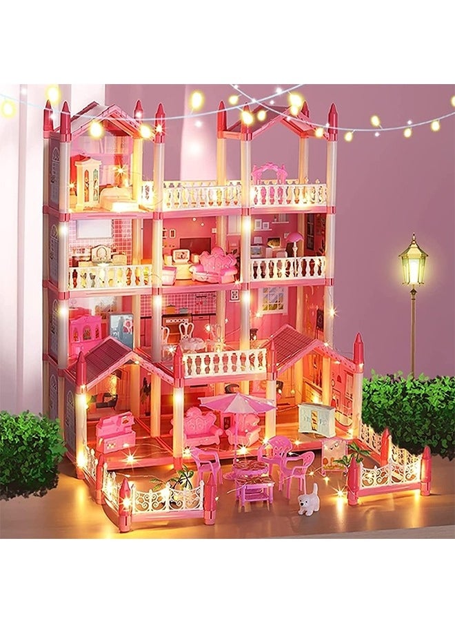 4 Floors Huge Dollhouse Play Set with 14 Rooms 2 doll 2 Color Light Strips with Lights to Assemble Kitchen, Bedroom, Furniture, Garden,Pets DIY Pretend Play Doll House for Girls.