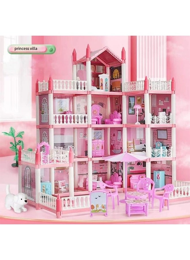 4 Floors Huge Dollhouse Play Set with 14 Rooms 2 doll 2 Color Light Strips with Lights to Assemble Kitchen, Bedroom, Furniture, Garden,Pets DIY Pretend Play Doll House for Girls.