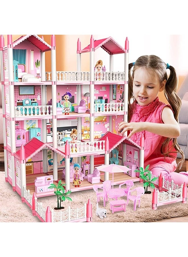 4 Floors Huge Dollhouse Play Set with 14 Rooms 2 doll 2 Color Light Strips with Lights to Assemble Kitchen, Bedroom, Furniture, Garden,Pets DIY Pretend Play Doll House for Girls.