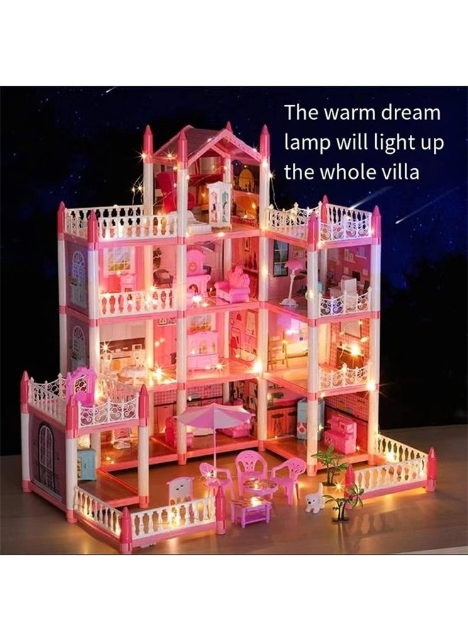 4 Floors Huge Dollhouse Play Set with 14 Rooms 2 doll 2 Color Light Strips with Lights to Assemble Kitchen, Bedroom, Furniture, Garden,Pets DIY Pretend Play Doll House for Girls.