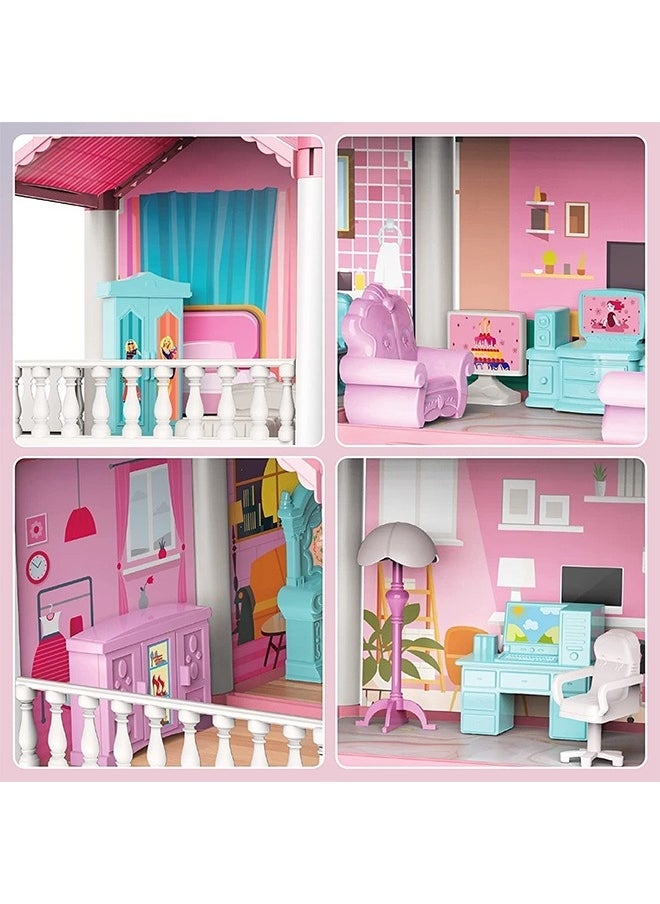 4 Floors Huge Dollhouse Play Set with 14 Rooms 2 doll 2 Color Light Strips with Lights to Assemble Kitchen, Bedroom, Furniture, Garden,Pets DIY Pretend Play Doll House for Girls.