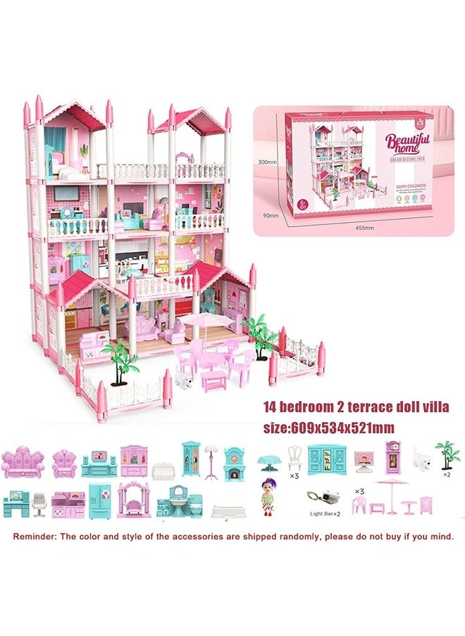 4 Floors Huge Dollhouse Play Set with 14 Rooms 2 doll 2 Color Light Strips with Lights to Assemble Kitchen, Bedroom, Furniture, Garden,Pets DIY Pretend Play Doll House for Girls.