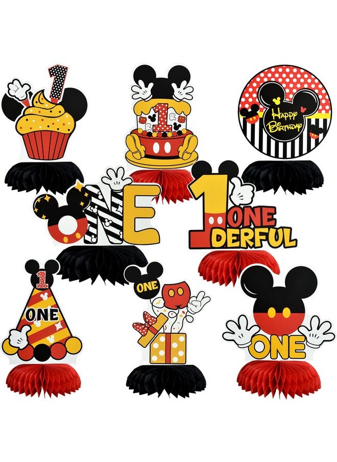 1St Birthday Black Red Yellow Mouse Themed Table Honeycomb Centerpieces, Red Mouse Table Topper Decor, Letter One For First Birthday Party Supplies Party Decorations (8 Pcs)