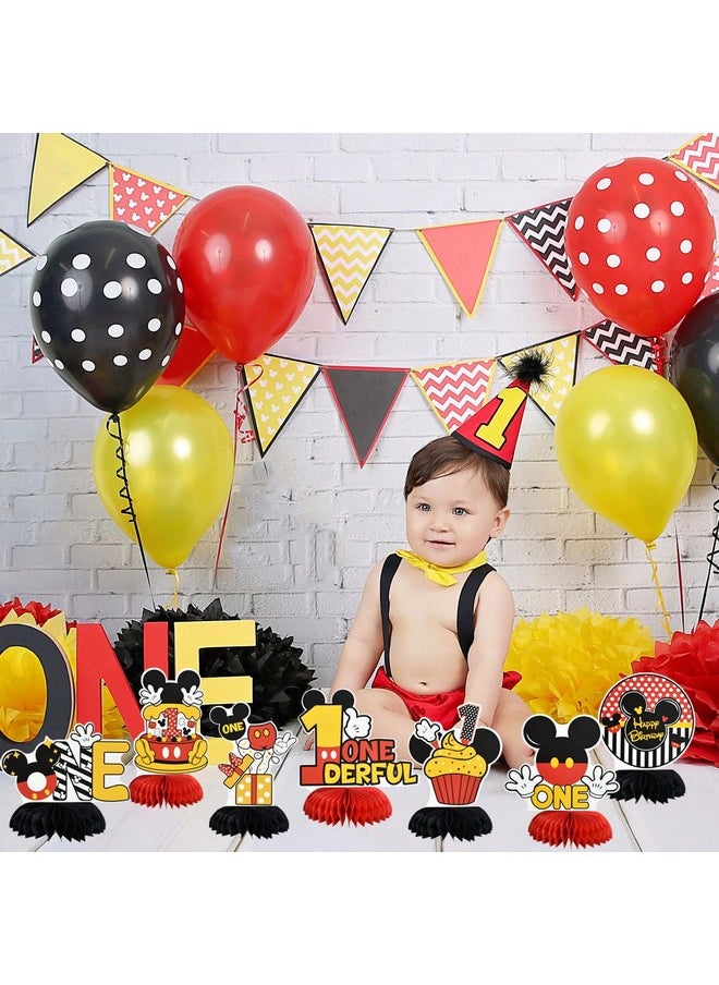 1St Birthday Black Red Yellow Mouse Themed Table Honeycomb Centerpieces, Red Mouse Table Topper Decor, Letter One For First Birthday Party Supplies Party Decorations (8 Pcs)