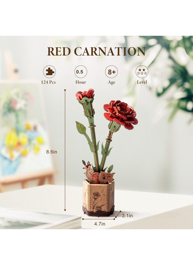 3D Puzzles Wooden Artifical Flower Red Carnation Diy Model Building Kit To Build For Adults Bouquet Botanical Collection Craft Brain Teaser Puzzle Creative Gift Home Decor