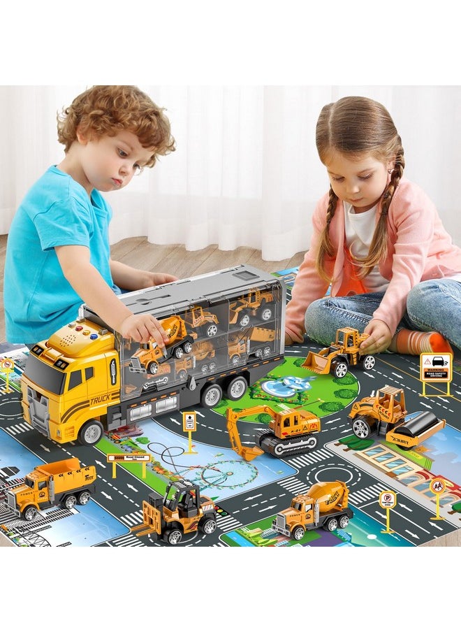 Construction Truck Toy Set With Play Mat, Carrier Truck Toys For Kids Toddlers, Die-Cast Metal Toy Car Set, Truck Car Kids Toys Christmas Birthday Gift For Age 3 4 5 6 + Years Old Boys Girls