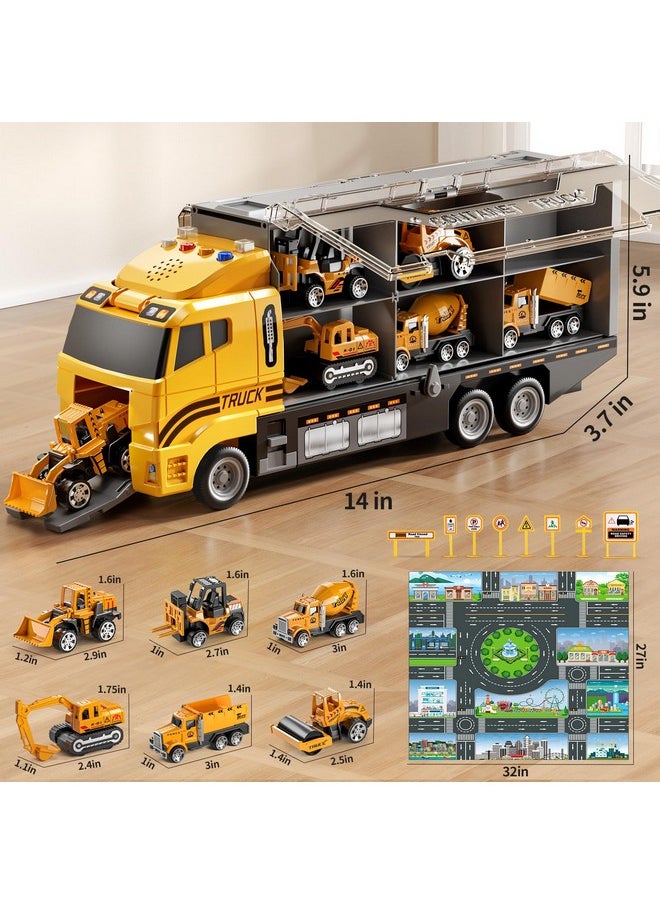 Construction Truck Toy Set With Play Mat, Carrier Truck Toys For Kids Toddlers, Die-Cast Metal Toy Car Set, Truck Car Kids Toys Christmas Birthday Gift For Age 3 4 5 6 + Years Old Boys Girls