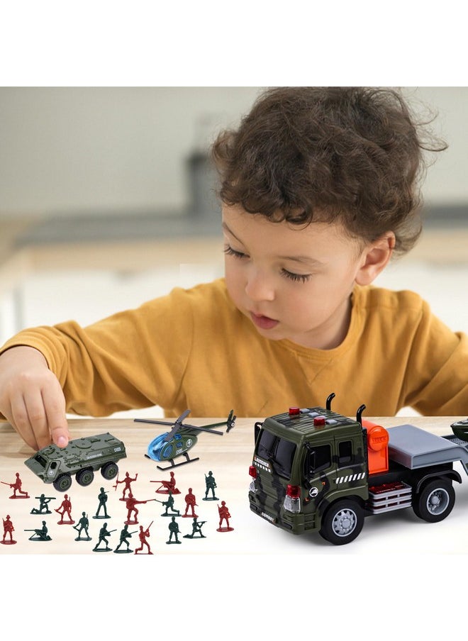 38Pcs Military Truck Toy Set, Military Big Truck With Lights And Sounds Carrier Truck With Die-Cast Military Toy Cars Tank Helicopter Toy Soldiers For Kids Birthday Present