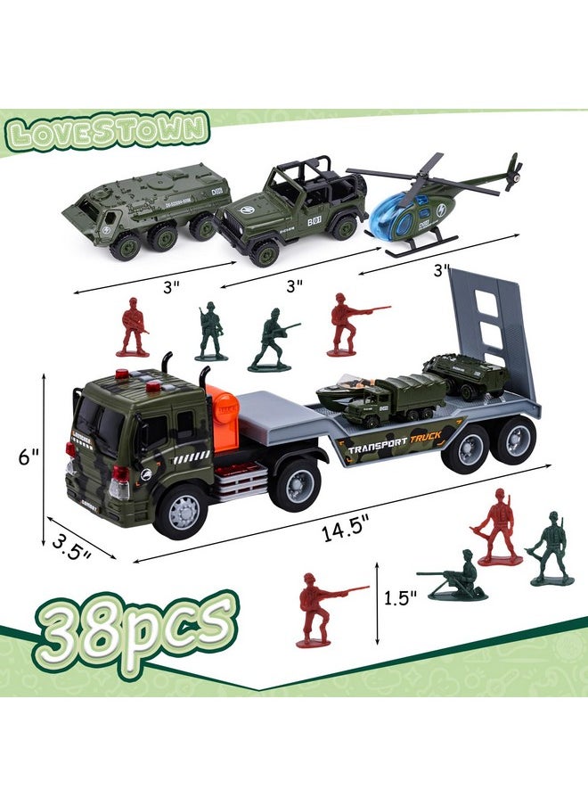 38Pcs Military Truck Toy Set, Military Big Truck With Lights And Sounds Carrier Truck With Die-Cast Military Toy Cars Tank Helicopter Toy Soldiers For Kids Birthday Present