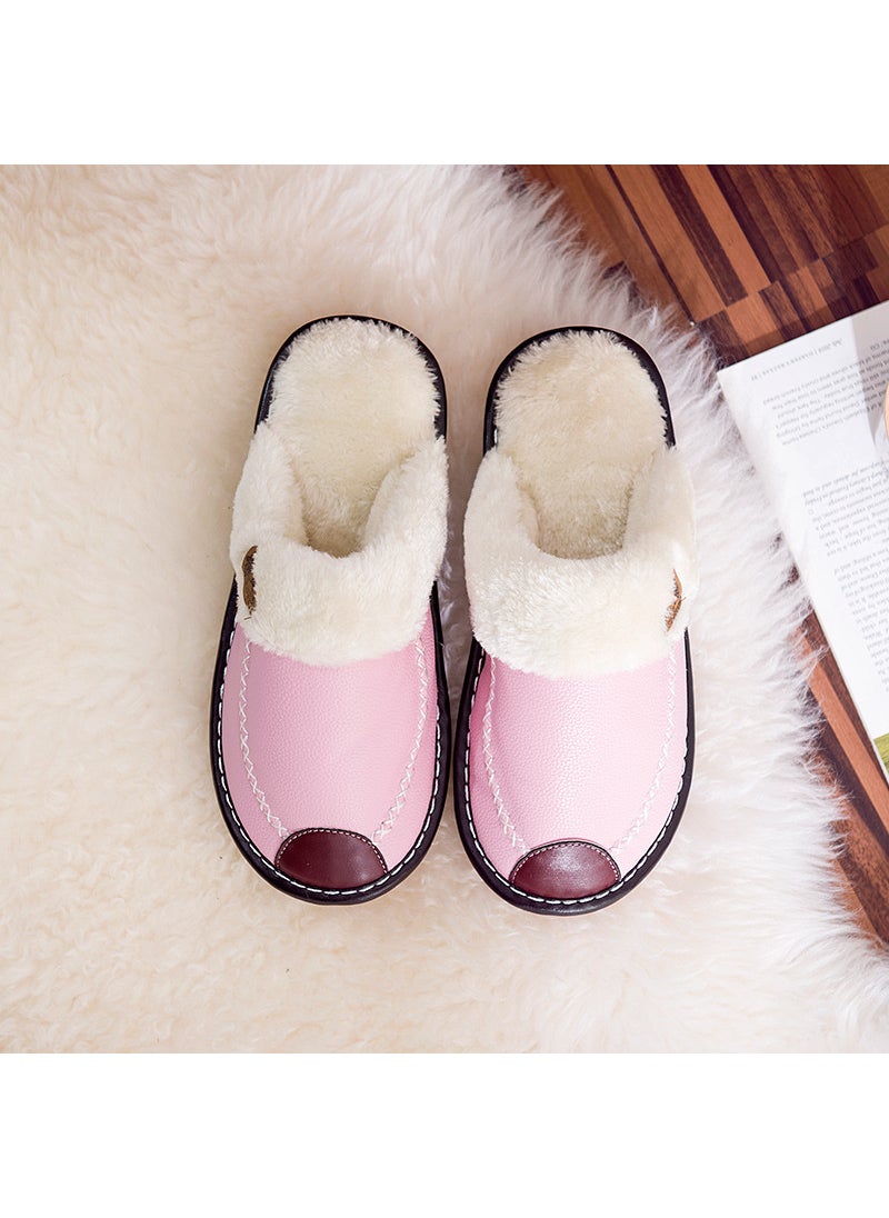 Cotton Slippers Autumn Winter Anti-Slip Warm Couple PU LeatherPink Pink