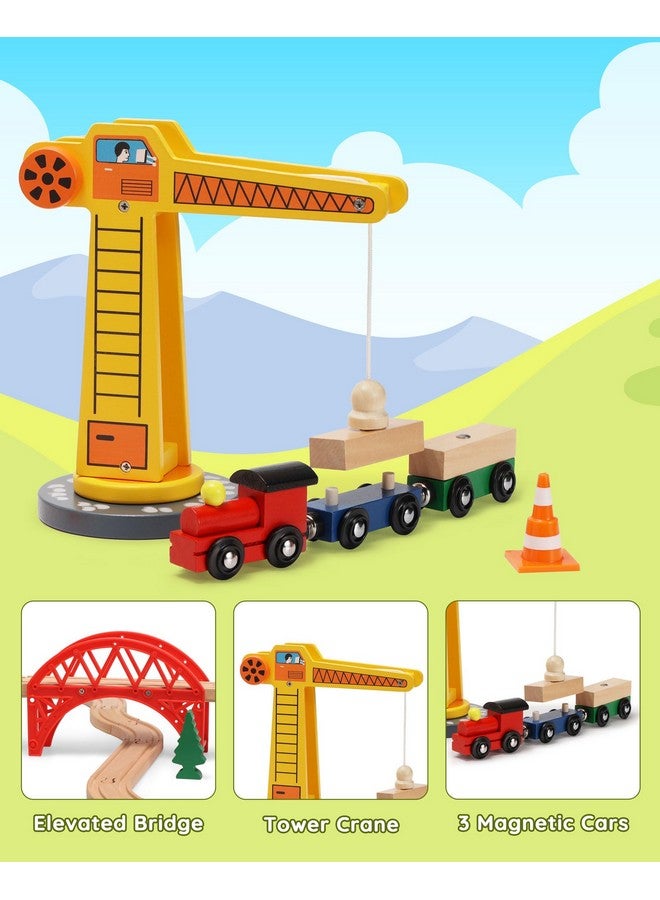 Wooden Train Set For Toddler, 41Pcs Wood Train Track W/Crane Fits Brio, Thomas, Melissa And Doug, Kids Wood Toy Train For Kids Ages 3+
