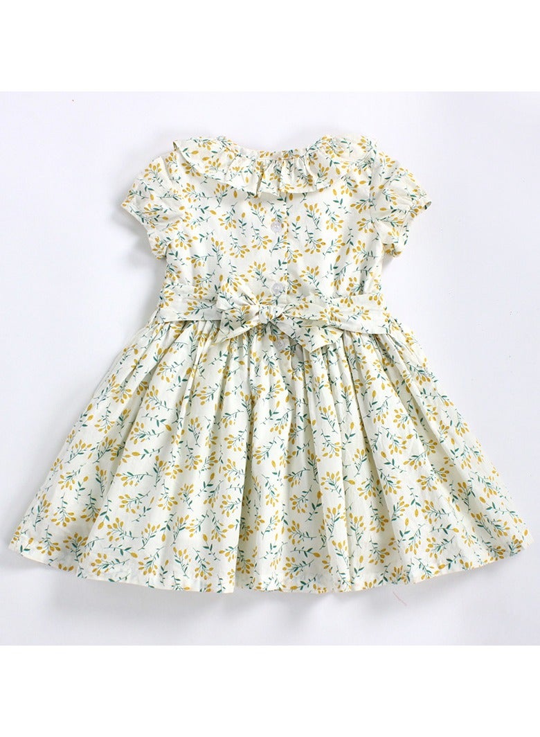 Elegant Beige Cotton Dress for Girls Age 1-7 | Yellow & Green Floral Design | Lightweight, and Comfortable Party Wear for Toddlers