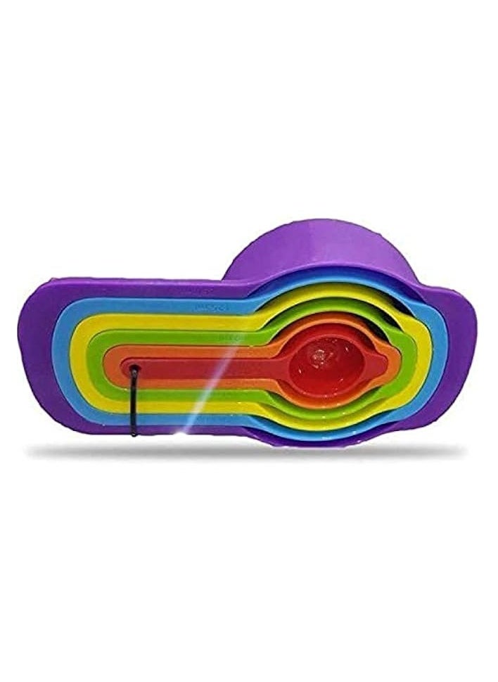 6 Pcs of Plastic Measuring Cups and Spoons Set. Stackable, Space Saving, Multi color Design