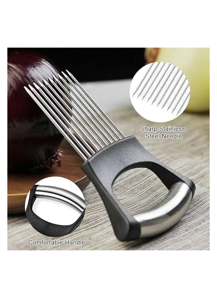 Onion Holder for Slicing, Stainless Steel Onion Slice Holder, Onion Cutter for Slicing, Vegetable Cutter for Potato, Tomato, Avocados, Eggs, Food Slicer Assistant Tool for Slicing Fruit Lemon and Meat