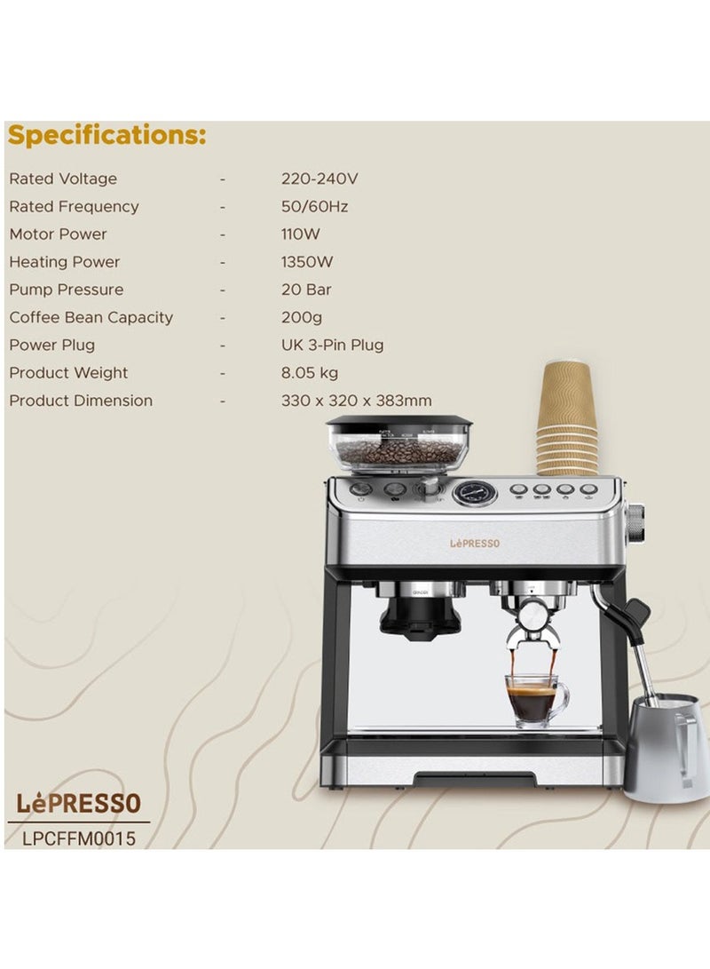 20 Bar Espresso Coffee Maker with 2.5L Capacity, Bean Grinder and Pressure Gauge - Lepresso LPCFFM0015 - Silver