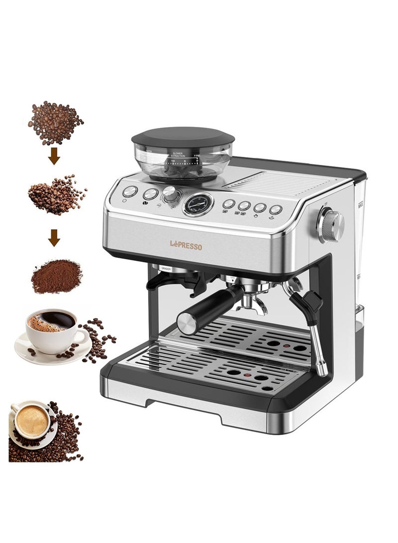 20 Bar Espresso Coffee Maker with 2.5L Capacity, Bean Grinder and Pressure Gauge - Lepresso LPCFFM0015 - Silver