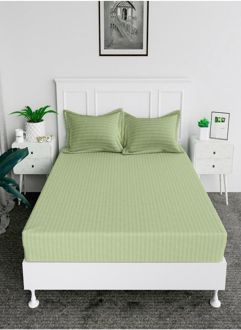 Fitted Bed Sheet +2Pcs Pillow Covers, King/Queen/Double/Single Sizes, Color Green