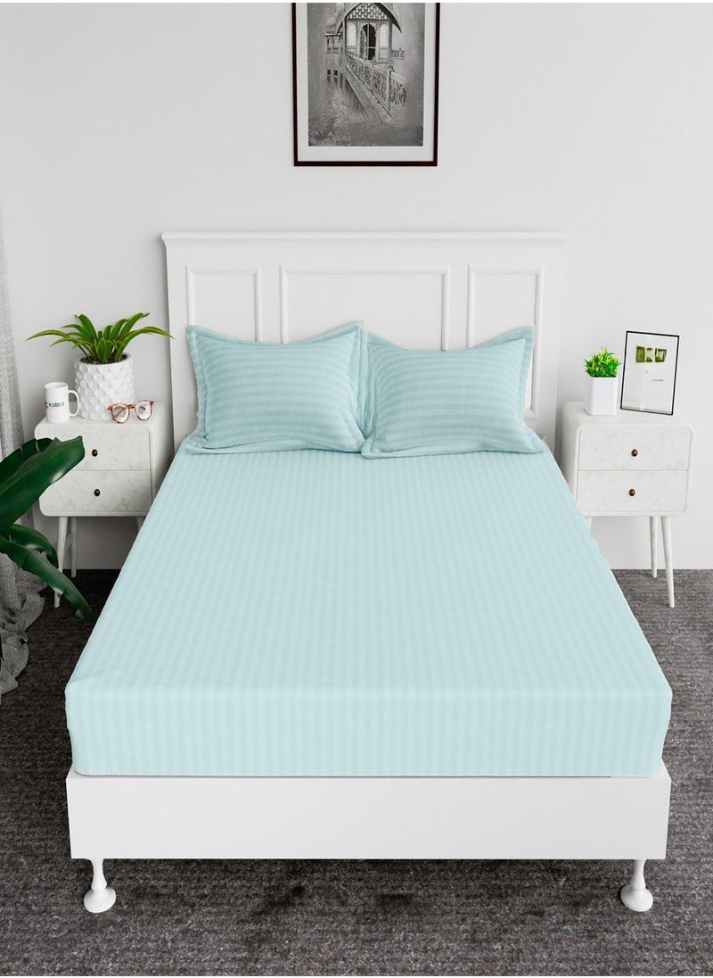 Fitted Bed Sheet +2Pcs Pillow Covers, King/Queen/Double/Single Sizes, Color Sky Blue