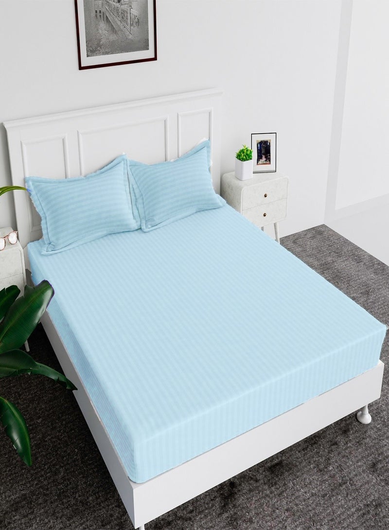 Fitted Bed Sheet +2Pcs Pillow Covers, King/Queen/Double/Single Sizes, Color Sky Blue