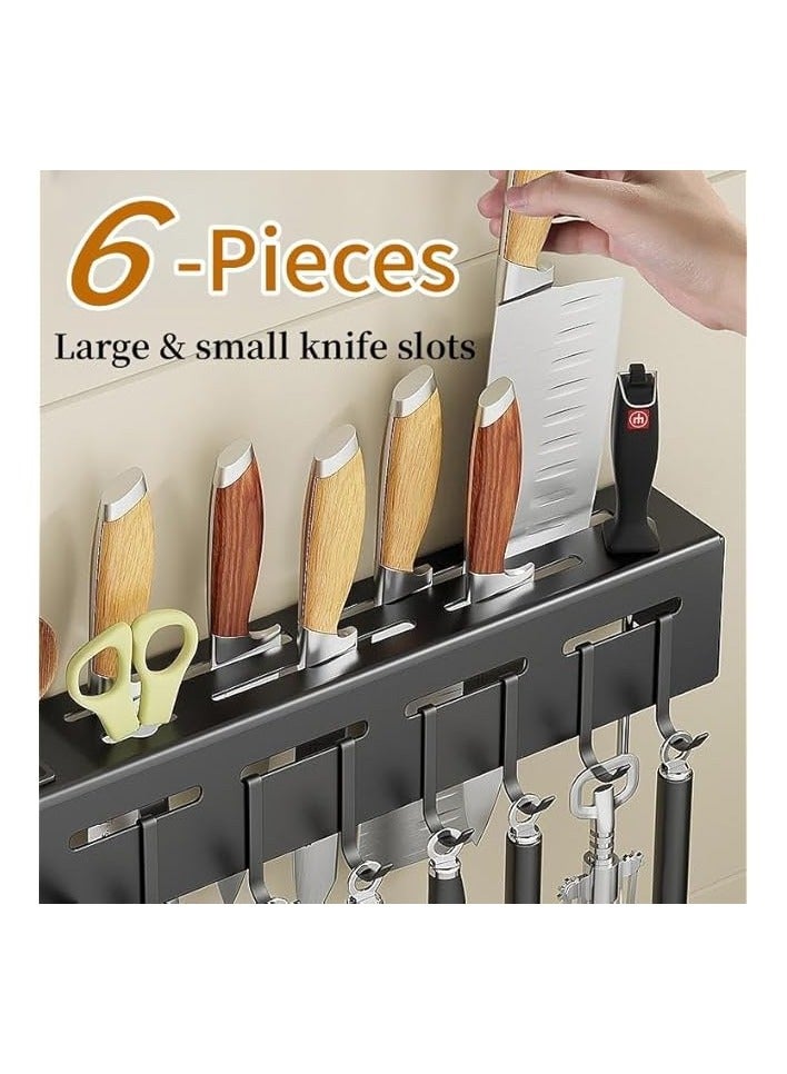 Knife Rack, Wall-Mounted Knife Holder Kitchen Wall Shelf Heavy Duty Spoon Organizer, Cutlery Holder with 8 Hooks & Towel Rack, Multi-Purpose Knife Organizer for Kitchen, Restaurant